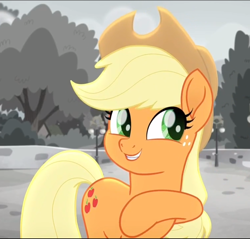 Size: 806x771 | Tagged: safe, derpibooru import, screencap, applejack, earth pony, pony, rainbow roadtrip, cropped, cute, happy, jackabetes, smiling, solo