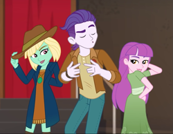 Size: 879x681 | Tagged: safe, screencap, dakota verde, dirk thistleweed, violet wisteria, better together, equestria girls, clothes, cropped, dress, eyes closed, female, hat, how to backstage, male, pants, trio