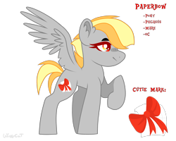 Size: 2500x2000 | Tagged: safe, artist:wingcut, derpibooru exclusive, oc, oc only, oc:paperbow, pegasus, pony, cutie mark, female, mare, pegasus oc, reference sheet, simple background, solo, text, transparent background