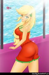 Size: 663x1000 | Tagged: safe, artist:clouddg, applejack, equestria girls, applebutt, applerack, ass, breasts, butt, clothes, crepuscular rays, dress, female, freckles, shoulder freckles, solo