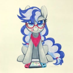 Size: 724x724 | Tagged: safe, artist:dawnfire, oc, oc only, oc:cinnabyte, earth pony, pony, bandana, female, glasses, looking at you, mare, neckerchief, nintendo switch, solo, tongue out