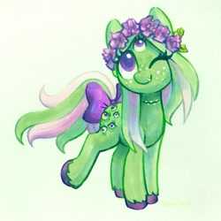 Size: 749x749 | Tagged: safe, artist:dawnfire, oc, pony, bow, extra eyes, floral head wreath, flower, freckles, simple background, solo, tail bow, third eye, three eyes, unshorn fetlocks, white background