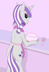 Size: 1377x2000 | Tagged: safe, artist:azurek, twilight velvet, semi-anthro, unicorn, :p, apron, baking, cake, clothes, female, food, heart eyes, looking at you, looking back, looking back at you, mare, solo, tongue out, wingding eyes