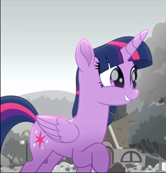 Size: 738x770 | Tagged: safe, screencap, twilight sparkle, twilight sparkle (alicorn), alicorn, pony, rainbow roadtrip, cropped, cute, raised hoof, smiling, solo, twiabetes