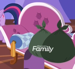 Size: 640x584 | Tagged: safe, screencap, twilight sparkle, twilight sparkle (alicorn), alicorn, pony, dragon dropped, cropped, discovery family logo, fainting couch, female, implications, mare, pillow, trash, trash bag