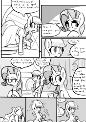 Size: 1493x2125 | Tagged: safe, artist:provolonepone, derpibooru import, applejack, rarity, earth pony, pony, unicorn, comic:a sapphic story, carousel boutique, clothes, comic, cute, dress, implied lesbian, jackabetes, monochrome, raribetes, undressing