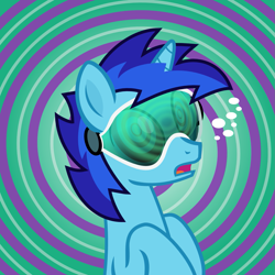 Size: 1463x1462 | Tagged: safe, artist:nxzc88, oc, oc only, oc:dial liyon, pony, unicorn, brainwashing, bust, commission, hypnogear, hypnogoggles, hypnosis, male, open mouth, portrait, show accurate, solo, spiral background, stallion, swirly eyes, vector, visor