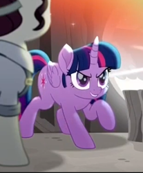 Size: 329x398 | Tagged: safe, screencap, twilight sparkle, twilight sparkle (alicorn), alicorn, pony, rainbow roadtrip, cropped, crouching, determined, evil grin, grin, raised hoof, smiling, smirk, solo focus