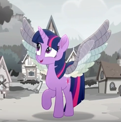 Size: 527x532 | Tagged: safe, screencap, twilight sparkle, twilight sparkle (alicorn), alicorn, pony, rainbow roadtrip, cropped, excited, raised hoof, smiling, solo, wing bling