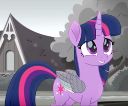 Size: 903x749 | Tagged: safe, screencap, twilight sparkle, twilight sparkle (alicorn), alicorn, pony, rainbow roadtrip, bashful, cropped, cute, smiling, solo, twiabetes, wing bling