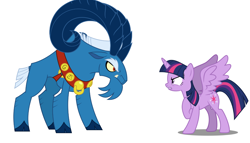 Size: 1260x720 | Tagged: safe, grogar, twilight sparkle, twilight sparkle (alicorn), alicorn, pony, cloven hooves, duo, female, male, mare, ram, simple background, vector, white background