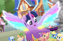 Size: 1125x735 | Tagged: safe, screencap, kersplash, twilight sparkle, twilight sparkle (alicorn), alicorn, earth pony, pony, rainbow roadtrip, background pony, bow, cropped, crowd, cute, female, flying, hair bow, mare, open mouth, solo focus, spread wings, twiabetes, unnamed pony, wing bling, wings