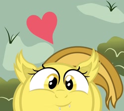 Size: 2500x2246 | Tagged: safe, artist:pizzamovies, oc, oc only, oc:golden star, bat pony, pony, base used, fangs, female, floating heart, heart, smiling, solo