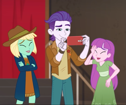 Size: 861x720 | Tagged: safe, screencap, dakota verde, dirk thistleweed, violet wisteria, better together, equestria girls, cellphone, clothes, cropped, crossed arms, dress, eyes closed, female, how to backstage, laughing, male, pants, phone, smartphone, smiling