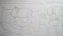 Size: 5312x2992 | Tagged: safe, artist:徐詩珮, fizzlepop berrytwist, spring rain, tempest shadow, pony, unicorn, bed, broken horn, dialogue, female, horn, lesbian, lineart, mare, prank, shipping, sleeping, springshadow, traditional art