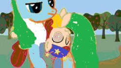 Size: 854x480 | Tagged: safe, artist:battybovine, pony, apple, apple tree, carrying, circling stars, dizzy, faithful farmer, food, gonnigan, holding a pony, jeffy, male, ponified, recolor, sports outfit, sportsman fairy, swirly eyes, tree, unamused