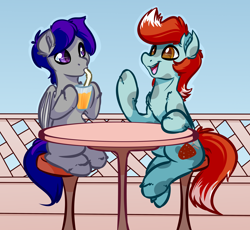 Size: 3800x3500 | Tagged: safe, artist:witchtaunter, oc, oc only, bat pony, earth pony, pony, cafe, commission, sitting, smoothie, talking