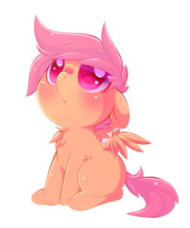 Size: 769x920 | Tagged: safe, artist:tamabel, scootaloo, pegasus, pony, chest fluff, colored pupils, cute, cutealoo, female, filly, floppy ears, looking up, simple background, solo, white background