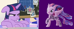 Size: 2500x1000 | Tagged: safe, edit, edited screencap, screencap, twilight sparkle, twilight sparkle (alicorn), alicorn, pony, sparkle's seven, merchandise, solo, toy