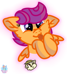 Size: 873x970 | Tagged: safe, artist:rainbow eevee, scootaloo, oc, oc:landen irelan, dog, pegasus, pony, :p, cute, cutealoo, female, filly, hooves, silly, simple background, tongue out