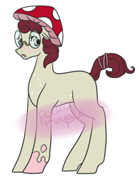 Size: 976x1244 | Tagged: safe, artist:pockypocky, oc, earth pony, pony, adoptable, advertisement, cheap, cute, female, freckles, glasses, hat, mare, mushroom, mushroom hat, open, palamino, simple, solo, spectacles, spots, themed, toadstool