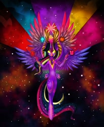 Size: 800x975 | Tagged: safe, artist:derpsonhooves, twilight sparkle, twilight sparkle (alicorn), alicorn, semi-anthro, seraph, seraphicorn, butt wings, elements of harmony, epic, ethereal mane, floating, glowing eyes, jewelry, multiple wings, peytral, rainbow power, regalia, solo, space, spread wings, starry mane, stars, ultimate twilight, watermark, wings