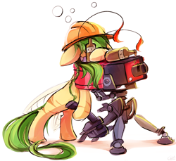 Size: 2390x2185 | Tagged: safe, artist:kaleido-art, oc, oc only, oc:honeydew, breezie, earth pony, pony, alcohol, drunk, drunk bubbles, gift art, hard hat, sentry gun, simple background, solo, team fortress 2, white background