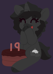 Size: 2230x3153 | Tagged: safe, artist:moonydusk, oc, oc only, oc:moonlight disk, pony, unicorn, birthday candles, cake, eyes closed, female, food, mare, simple background, sitting