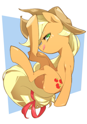 Size: 705x1000 | Tagged: safe, artist:nabebuta, derpibooru import, applejack, earth pony, pony, :p, abstract background, bow, cowboy hat, cute, female, hat, jackabetes, mare, profile, silly, solo, tail bow, tongue out