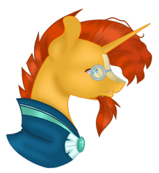 Size: 802x876 | Tagged: safe, artist:dusk-to-dawnlily, sunburst, pony, unicorn, beard, blaze (coat marking), bloodshot eyes, bust, cape, clothes, facial hair, glasses, messy mane, profile, solo