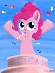 Size: 1800x2400 | Tagged: safe, artist:rockhoppr3, derpibooru import, pinkie pie, earth pony, pony, armpits, cake, female, food, happy birthday mlp:fim, mare, mlp fim's ninth anniversary, solo