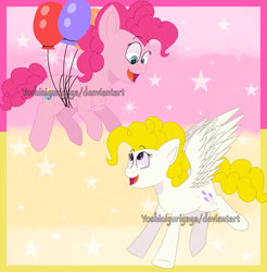 Size: 1213x1234 | Tagged: safe, artist:yoshiniyuriyaya, derpibooru import, pinkie pie, surprise, earth pony, pony, balloon, floating, then watch her balloons lift her up to the sky