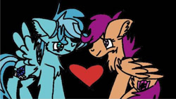 Size: 1094x615 | Tagged: safe, artist:christle-flyer-ssl, scootaloo, oc, oc:christle flyer, pegasus, pony, black background, canon x oc, christaloo, colt, crystal eyes, female, filly, foal, heart, looking at each other, male, shipping, simple background, smiling, straight, wings