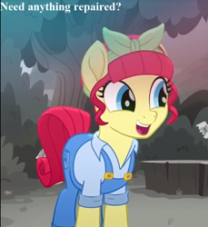 Size: 704x768 | Tagged: safe, edit, edited screencap, screencap, torque wrench, pony, rainbow roadtrip, atorqueable, bandana, bronybait, cropped, cute, speech, tree, tree stump