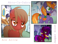 Size: 1911x1440 | Tagged: safe, artist:razorbladetheunicron, abra-ca-dabra, oc, oc:ace arrow, oc:jasper glint, earth pony, pegasus, pony, unicorn, base used, choker, clothes, exhausted, female, glowing eyes, lateverse, mare, read description, scar, scarf, sick, simple background, transparent background