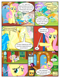 Size: 612x792 | Tagged: safe, artist:newbiespud, derpibooru import, edit, edited screencap, screencap, applejack, fluttershy, seabreeze, breezie, earth pony, pegasus, pony, comic:friendship is dragons, clothes, comic, dialogue, female, fluttershy's cottage (interior), flying, glare, looking down, looking up, male, mare, pointing, sad, screencap comic, sneezing