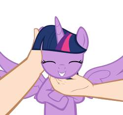 Size: 10417x9775 | Tagged: safe, artist:mrkat7214, twilight sparkle, twilight sparkle (alicorn), alicorn, human, pony, absurd resolution, chin scratch, cute, eyes closed, female, grin, hand, human on pony petting, mare, offscreen character, offscreen human, petting, pov, show accurate, simple background, smiling, spread wings, transparent background, twiabetes, vector, wings