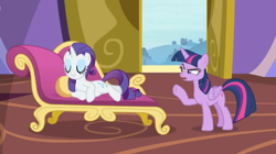 Size: 1600x898 | Tagged: safe, derpibooru import, edit, edited screencap, screencap, rarity, twilight sparkle, twilight sparkle (alicorn), alicorn, pony, unicorn, dragon dropped, disappointed, displeased, duo, eyeshadow, fainting couch, female, folded wings, lounging, makeup, mare, open door, pointing, raised eyebrow, sofa, suspicious, wings