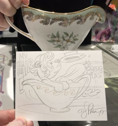 Size: 1920x2048 | Tagged: safe, artist:andypriceart, derpibooru import, applejack, rarity, earth pony, pony, unicorn, barf, gravy boat, photo, ride, teacups, traditional art, vomit, vomiting