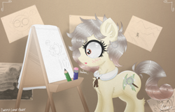 Size: 3500x2250 | Tagged: safe, artist:darkest-lunar-flower, oc, oc only, oc:osha, earth pony, pony, blushing, commission, dialogue, female, fluffy, mare, pencil, solo, tongue out