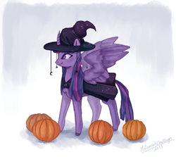 Size: 999x890 | Tagged: safe, artist:malinaartsdrawings, twilight sparkle, twilight sparkle (alicorn), alicorn, pony, chest fluff, clothes, costume, cute, female, halloween, halloween costume, hat, holiday, mare, pumpkin, twiabetes, witch, witch hat
