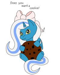 Size: 681x850 | Tagged: safe, artist:vampvixen, oc, oc:fleurbelle, alicorn, adorabelle, alicorn oc, bow, cookie, cute, female, food, golden eyes, hair bow, mare