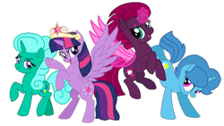 Size: 1920x1080 | Tagged: safe, artist:徐詩珮, fizzlepop berrytwist, glitter drops, spring rain, tempest shadow, twilight sparkle, twilight sparkle (alicorn), alicorn, unicorn, my little pony: the movie, artificial wings, augmented, base used, big crown thingy, broken horn, crown, female, glitterlight, glittershadow, horn, jewelry, lesbian, magic, magic wings, mare, polyamory, regalia, shipping, simple background, sprglitemplight, springdrops, springlight, springshadow, springshadowdrops, tempestlight, transparent background, wings
