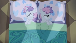 Size: 1280x720 | Tagged: safe, screencap, sweetie belle, pony, unicorn, for whom the sweetie belle toils, angry, bed, clone, duo, female, filly, self ponidox, sweetie belle is not amused, unamused