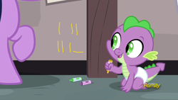 Size: 1920x1080 | Tagged: safe, edit, edited screencap, screencap, spike, twilight sparkle, dragon, sparkle's seven, baby, baby dragon, baby spike, crayon, crayon drawing, cute, daaaaaaaaaaaw, diaper, discovery family logo, happy, loss (meme), meme, offscreen character, smiling, spikabetes, traditional art