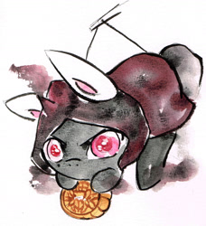 Size: 1698x1862 | Tagged: safe, artist:mashiromiku, oc, oc:unknown, pony, unicorn, bunny ears, food, mid-autumn festival, mooncake, solo, traditional art, watercolor painting