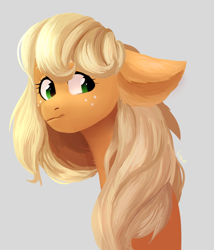 Size: 1644x1920 | Tagged: safe, artist:worldlofldreams, derpibooru import, applejack, earth pony, pony, bust, cute, ear fluff, female, floppy ears, gray background, hatless, jackabetes, long neck, loose hair, missing accessory, portrait, simple background, solo