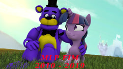 Size: 2720x1530 | Tagged: safe, artist:fazbearsparkle, twilight sparkle, twilight sparkle (alicorn), oc, alicorn, pony, 2010, 2019, 3d, canterlot, crossover, crying, drop, end of g4, end of ponies, five nights at freddy's, freddy fazbear, non-mlp oc, non-pony oc, source filmmaker, thank you