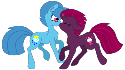 Size: 1583x895 | Tagged: safe, alternate version, artist:徐詩珮, fizzlepop berrytwist, spring rain, tempest shadow, pony, unicorn, background removed, base used, broken horn, female, horn, kissing, lesbian, mare, shipping, simple background, springshadow, transparent background