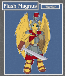 Size: 1688x1950 | Tagged: safe, artist:brownie-bytes, flash magnus, anthro, unguligrade anthro, armor, clothes, crossover, fantasy class, final fantasy, shield, solo, sword, warrior, weapon